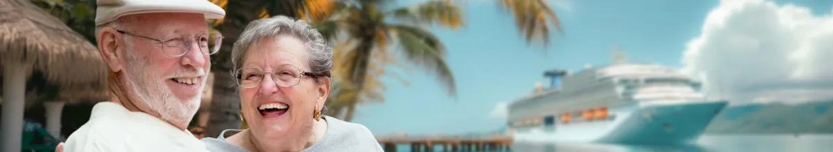 Ein strahlendes Seniorenpaar genießt lachend einen tropischen Strandurlaub, mit einem luxuriösen Kreuzfahrtschiff im Hintergrund. Dieses Bild vermittelt die Freude und Entspannung einer Seniorenkreuzfahrt zu exotischen Zielen.