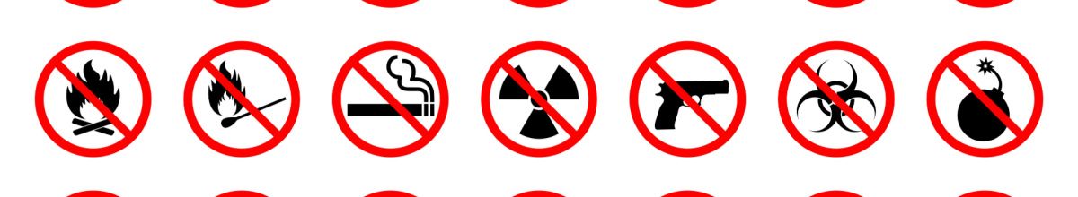 Sieben Symbole von Gegenständen, die rot durchgestrichen sind und somit als verboten gelten.