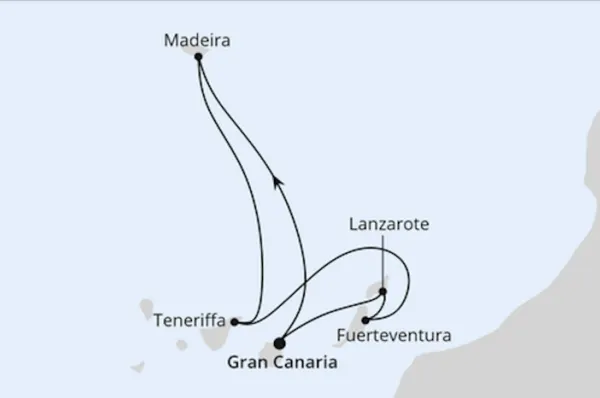 Die Route von AIDA tanzt 2026 Bei AIDA tanzt 2026 starten Sie im wunderschönen Gran Canaria, fahren von dort aus nach Madeira, Teneriffa, Fuerteventura und Lanzarote. Genießen Sie die Kanaren von Ihrer schönsten Seite.