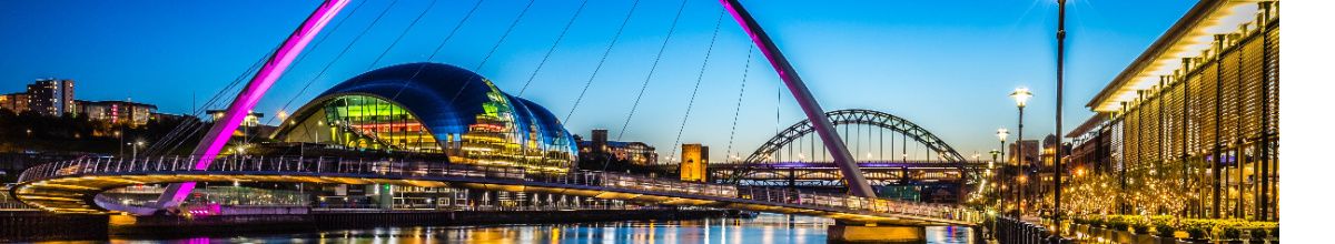 Zwei Brücken über dem Fluss Tyne in Newcastle im Sonnuntergang.