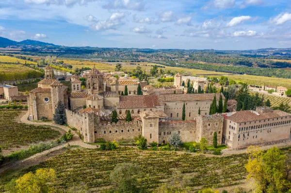 Ein mittelalterliches Kloster inmitten einer Graslandschaft bei Tag.