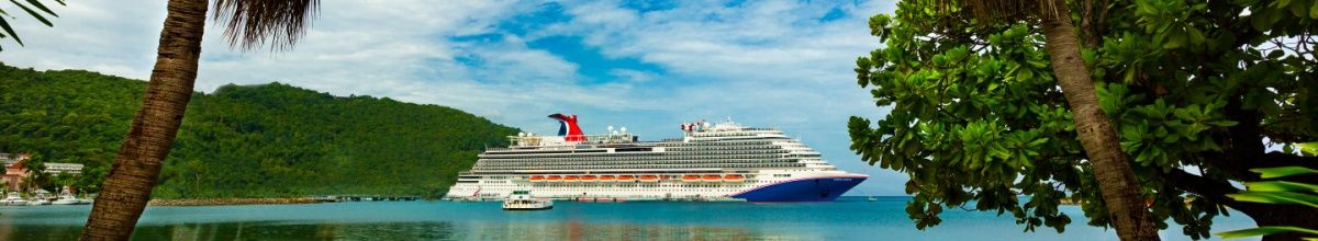 Ein Schiff von Carnival Cruise Line in der Karibik, durch Palmen hindurch fotografiert.