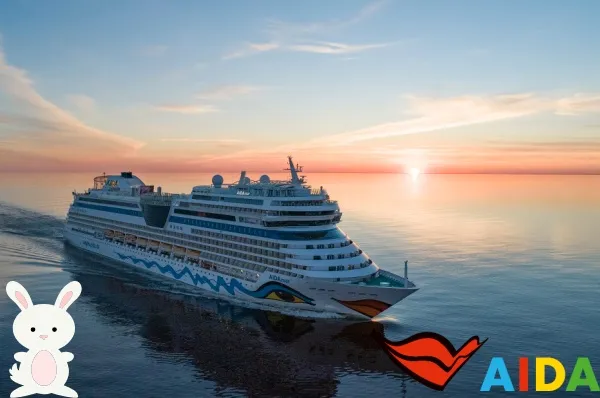Oster Kreuzfahrt mit AIDA AIDAmar von seitlich vorne im Sonnenuntergang über dem Meer. Links in der Ecke ein kleiner Osterhase in Weiß, rechts das AIDA-Logo mit Kussmund.