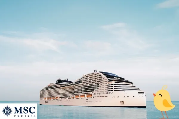 Osterkreuzfahrten mit MSC Cruises Rendering: Seitenansicht von MSC World America. Links unten das MSC Logo in Blau auf Weiß, rechts ein gelbes Küken in der Seitenansicht.
