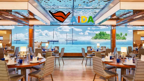AIDA Evolution: Neues Restaurant- und Dining-Design an Bord Modernisiertes Restaurant an Bord der Kussmundflotte im Rahmen von AIDA Evolution mit maritimem Design und Panorama-Ambiente.