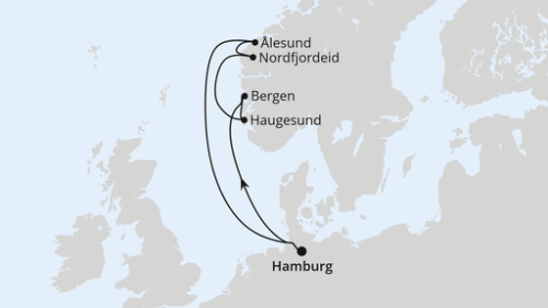 Hamburg - Bergen - Haugesund - Nordfjordeid - Alesund - Hamburg