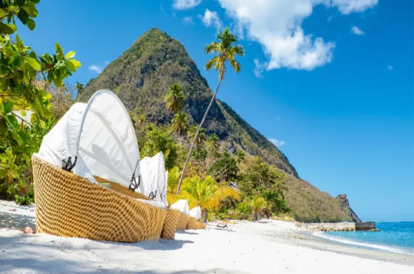 Sitzmuschel am Strand Sitzgelegenheiten am weißen Strand von St. Lucia bei Sonne mit einem bewaldeten Berg im Hintergrund