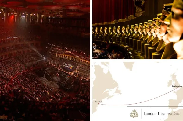 3-teiliges Bild: links voll besetztes Theater bei den Olivier Awards, rechts oben Statuetten der Olivier Awards, rechts unten Route der Eventreise von New York nach Southampton.