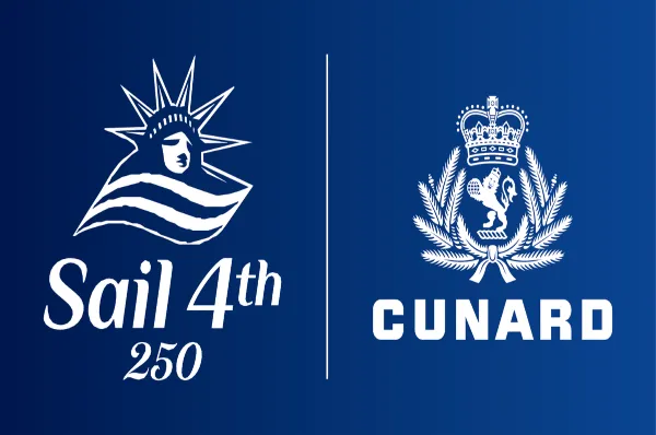 Ein Logo in Blau und Weiß, links steht Sail 4th 250 und rechts ist das Cunard Logo.