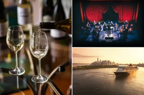 3-teiliges Bild: links zwei Weingläser bei der Voyage du Vin, rechts oben ein Konzert mit Anthony Inglis und dem National Symphony Orchestra, rechts unten die Queen Mary 2 vor New York