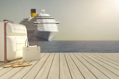 Koffer und Tasche im Vordergrund, Kreuzfahrtschiff im Hintergrund.