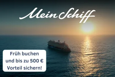 Bis zu 500 € Rabatt p. P. auf <em>Mein Schiff®</em> Winterreisen 2026/27 sichern rechts Pärchen an der Reling von Mein Schiff mit Überschrift Winter 2025/26, links Frontansicht Mein Schiff 1