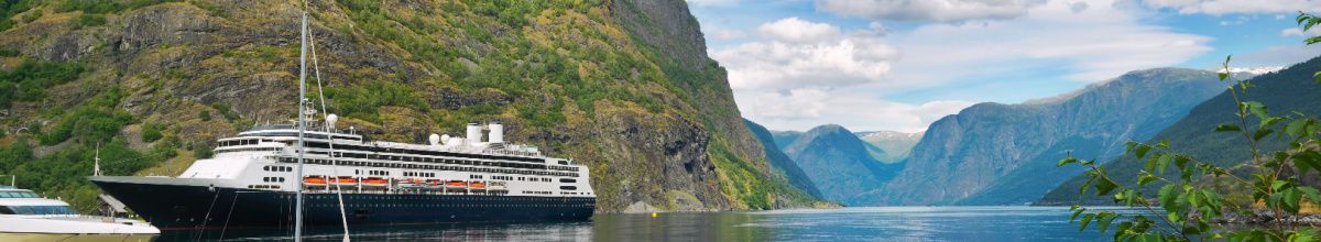 Ein Kreuzfahrtschiff, dass den Sognefjord herunterfährt bei Tag mit Bergen im Hintergrund.