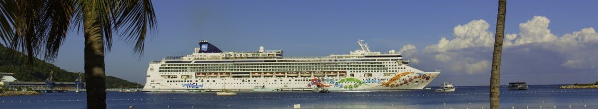 Norwegian Pearl fährt entlang der Küste einer karibischen Insel.