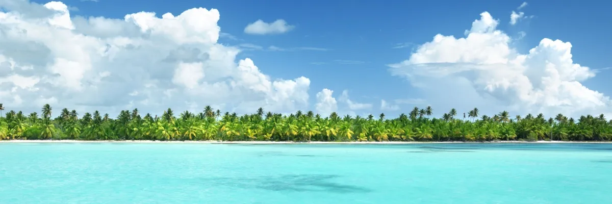 Palmenbestandener Sandstrand mit azurblauem Wasser des karibischen Meeres, darüber ein blauer Himmel mit weißen Wolken.