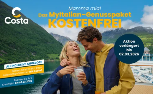 Eine brünette und eine blonde Frau genießen Cocktails auf dem Außendeck eines Costa Schiffes in den norwegischen Fjorden. Darüber Aufschrift: MyItalian Genusspaket kostenfrei, All Inclusive Angebote bis 02.03.2026