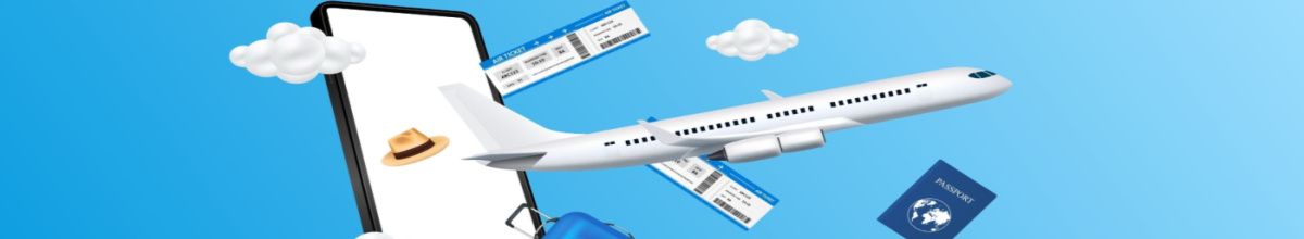 Eine Grafik von einem Flugzeug, was aus einem Handy fliegt mit Tickets und Pass.