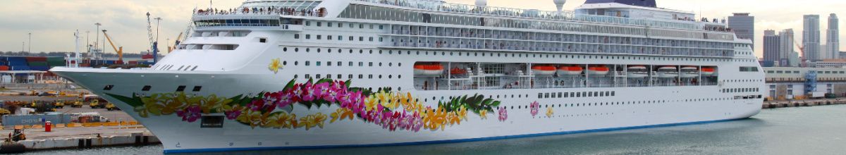 Ein Kreuzfahrtschiff, welches an einem Hafen angelegt hat und ein Blumenmotiv am Bug hat bei Tag.