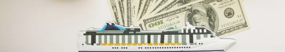 Ein gezeichnetes Kreuzfahrtschiff mit einem Bündel Dollarscheine.
