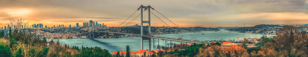 Panorama von Istanbul mit Bosporus-Brücke und Moschee im Sonnenuntergang.