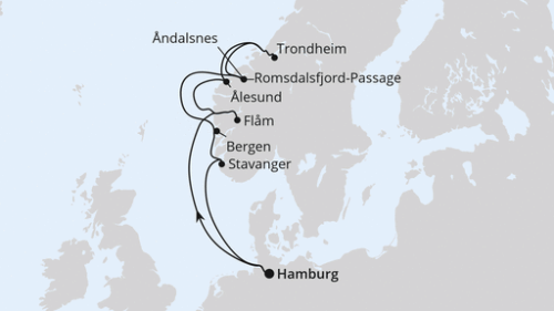 Hamburg - Flam - Alesund - Trondheim - Andalsnes - Romsdalsfjord-Passage - Bergen - Stavanger - Hamburg