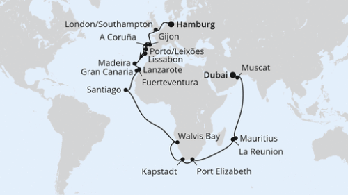 Hamburg - Southampton - Gijon - La Coruna - Porto/Leixoes - Lissabon - Funchal/Madeira - Arrecife/Lanzarote - Puerto del Rosario - Las Palmas/Gran Canaria - Santiago/Praia (Kapverden) - Äquatorüberquerung - Walvis Bay - Walvis Bay - Kapstadt - Kapstadt - 