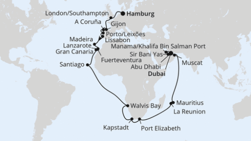 Weltenbummler Südafrika, Mauritius & Orient Hamburg - Southampton - Gijon - La Coruna - Porto/Leixoes - Lissabon - Funchal/Madeira - Arrecife/Lanzarote - Puerto del Rosario - Las Palmas/Gran Canaria - Santiago/Praia (Kapverden) - Äquatorüberquerung - Walvis Bay - Walvis Bay - Kapstadt - Kapstadt -