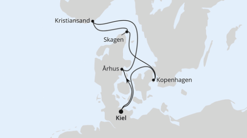 Kiel - Arhus - Kristiansand - Skagen - Kopenhagen - Kopenhagen - Kiel