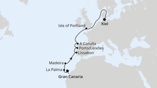 Europas Atlantikküste ab Gran Canaria Las Palmas/Gran Canaria - Santa Cruz/La Palma - Funchal/Madeira - Lissabon - Porto/Leixoes - La Coruna - Portland - Uk - Kiel