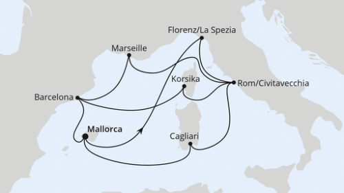Große Mittelmeer-Reise ab Mallorca 1 Palma - Florenz/La Spezia - Rom/Civitavecchia - Ajaccio/Korsika - Barcelona - Palma - Cagliari - Rom/Civitavecchia - Marseille - Barcelona - Palma
