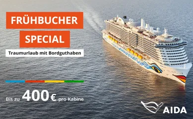 AIDA URLAUBSGELD mit bis zu 400 € Bordguthaben Links: AIDA Schiff auf See von seitlich vorne gesehen. Darüber das AIDA Logo und die Aufschrift Frühbucher Special Traumurlaub mit Bordguthaben. Darunter die Aufschriff Bis zu 400 € pro Kabine. Rechts Wasserfall Sieben Schwestern im Geirangerfjord.