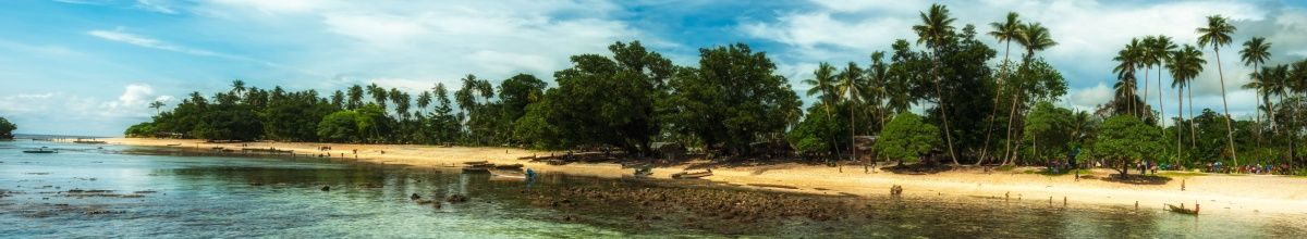 Weißer Sandstrand mit Palmen auf den Trobriand Islands.