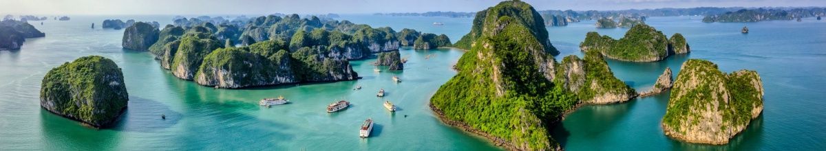 Blick auf die Halong-Bucht mit grünen Felsen und Schiffen.