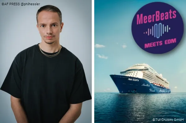 2-teiliges Bild: Links DJ Alle Farben, rechts Frontansicht von Mein Schiff 6 auf dem Meer, darüber das Logo von MeerBeats meets EDM.