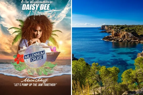 2-teiliges Bild: Links Banner der Millennium Cruise 2026 mit Daisy Dee, rechts Mittelmeerküste auf Mallorca an einem sonnigen Tag.