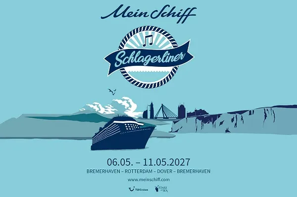 Schlagerliner 5 mit Mein Schiff 2 Grafik zum Schlagerliner 5 mit Mein Schiff 2 im Mai 2027: Ein blaues Schiff auf dem Meer, im HIntergrund sind verschiedene Sehenswürdigkeiten zu sehen, unter anderem die Erasmusbrücke und das Weiße Haus von Rotterdam und die Kreidefelsen von Dover.