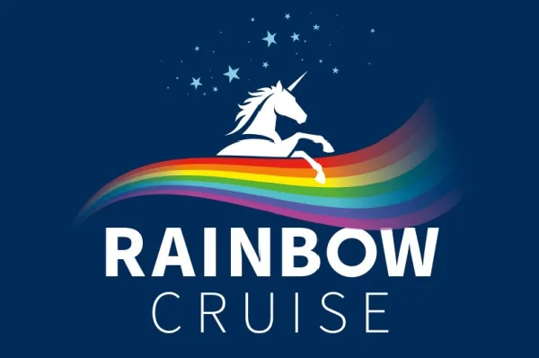 Mein Schiff/TUI Cruises Rainbow Cruise Ein Werbebanner der Mein Schiff/TUI Cruises Rainbow Cruise mit einem Einhorn, dass auf einem Regenbogen reitet.