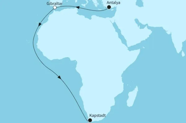 17 Nächte - Transozean mit Gibraltar - ab Antalya/ bis Kapstadt Route: Antalya - Gibraltar - Kapstadt