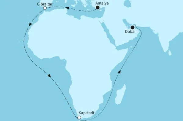 30 Nächte - Transozean mit Kapstadt - ab Antalya/bis Dubai Route: Antalya - Gibraltar - Kapstadt - Dubai