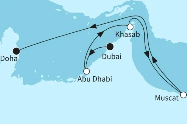 5 Nächte - Kurzreise Orient - ab Dubai/ bis Doha Route: Dubai - Abu Dhabi - al-Chasab - Maskat - Doha