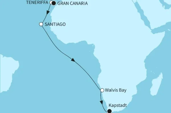 16 Nächte - Transafrika - ab Las Palmas/ bis Kapstadt Route: Gran Canaria - Santa Cruz de Tenerife - Praia - Walfischbucht - Kapstadt