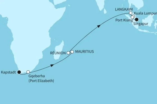 20 Nächte - Indischer Ozean mit Mauritius - ab Kapstadt/bis Singapur Route: Kapstadt - Port Elizabeth - Port Louis - Le Port La Reunion - Langkawi - Port Klang - Singapur