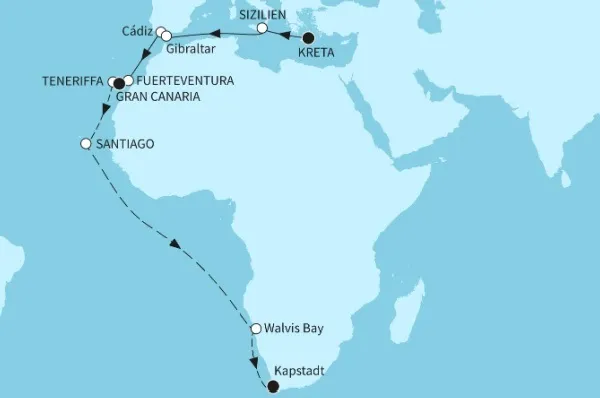 25 Nächte - Weltentdecker-Route - ab Heraklion/bis Kapstadt Route: Heraklion - Catania - Gibraltar - Cádiz - Santa Cruz de Tenerife - Gran Canaria - Praia - Walfischbucht - Kapstadt
