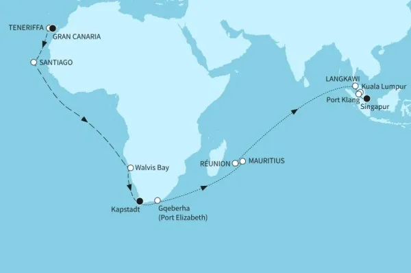 36 Nächte - Weltentdecker-Route - ab Las Palmas/bis Singapur Route: Gran Canaria - Santa Cruz de Tenerife - Praia - Walfischbucht - Kapstadt - Port Elizabeth - Port Louis - Le Port La Reunion - Langkawi - Port Klang - Singapur