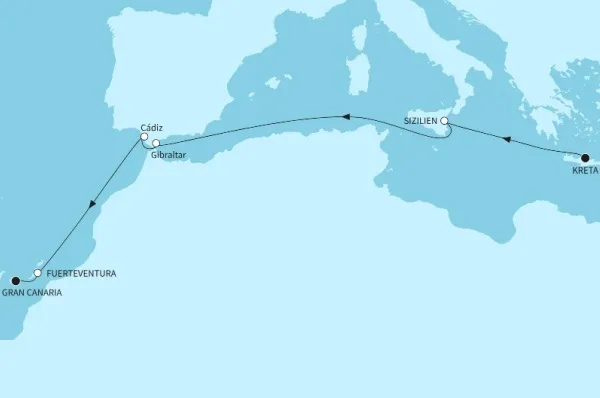 9 Nächte - Die Südspitze Europas - ab Heraklion/bis Las Palmas Route: Heraklion - Catania - Gibraltar - Cádiz - Santa Cruz de Tenerife - Gran Canaria
