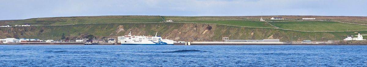 Eine Fähre im Hafen von Scrabster, dahinter vereinzelte Häuser, steile Klippen und eine grüne Landschaft.