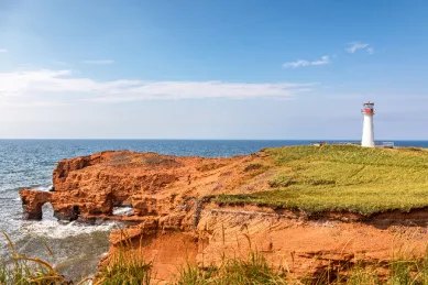 Der Borgot Leuchtturm auf Cap-aux-Meules bei Tag, angrezend an eine raue Küste und das Meer.