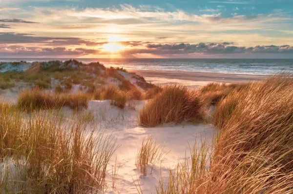 Wattenmeer auf Ameland Sonnenuntergang in den Dünen am Strand am Wattenmeer.
