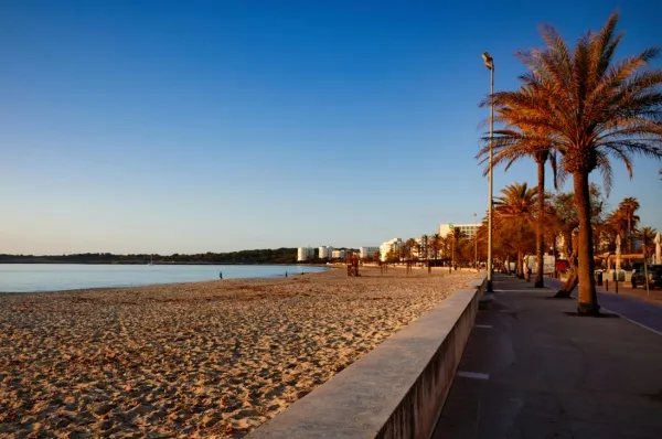 Ein Strand auf Mallorca Ein schöner Sandstrand auf Mallorca im Abendlicht.