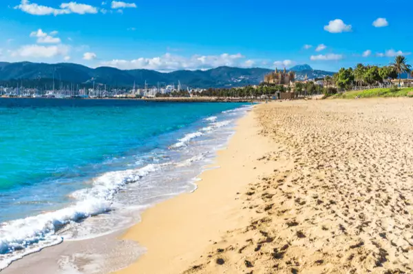 Strandabschnitt vor der Kathedrale von Palma Leerer Sandstrand mit zahlreichen Fußspuren vor der Kathedrale von Palma de Mallorca. Links die tiefblauen Fluten des Mittelmeers.
